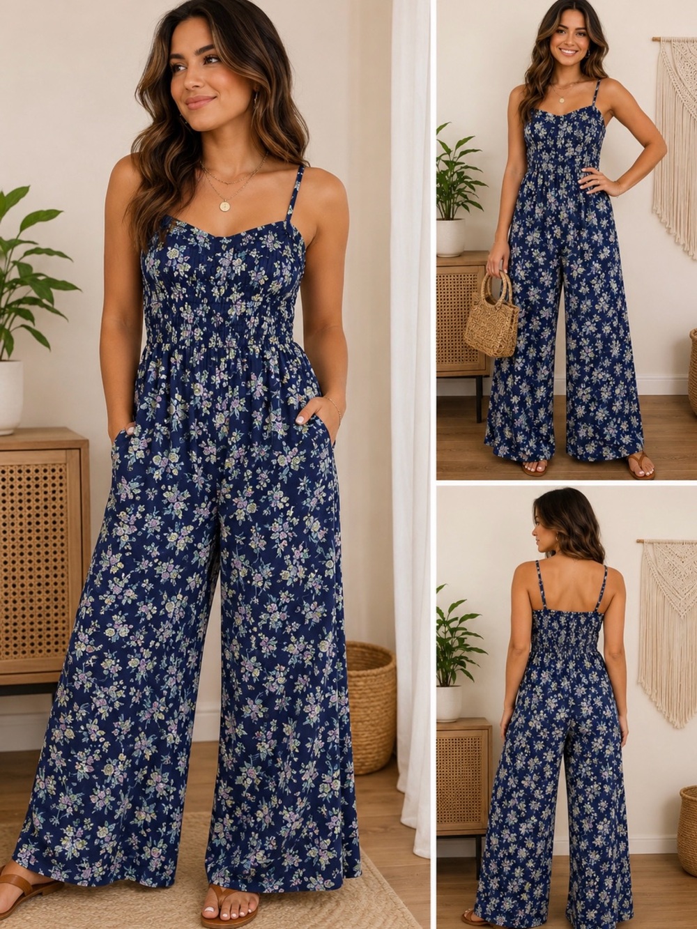 BOG Collective Floral Wide Leg Jumpsuit Blue Cottagecore Size L